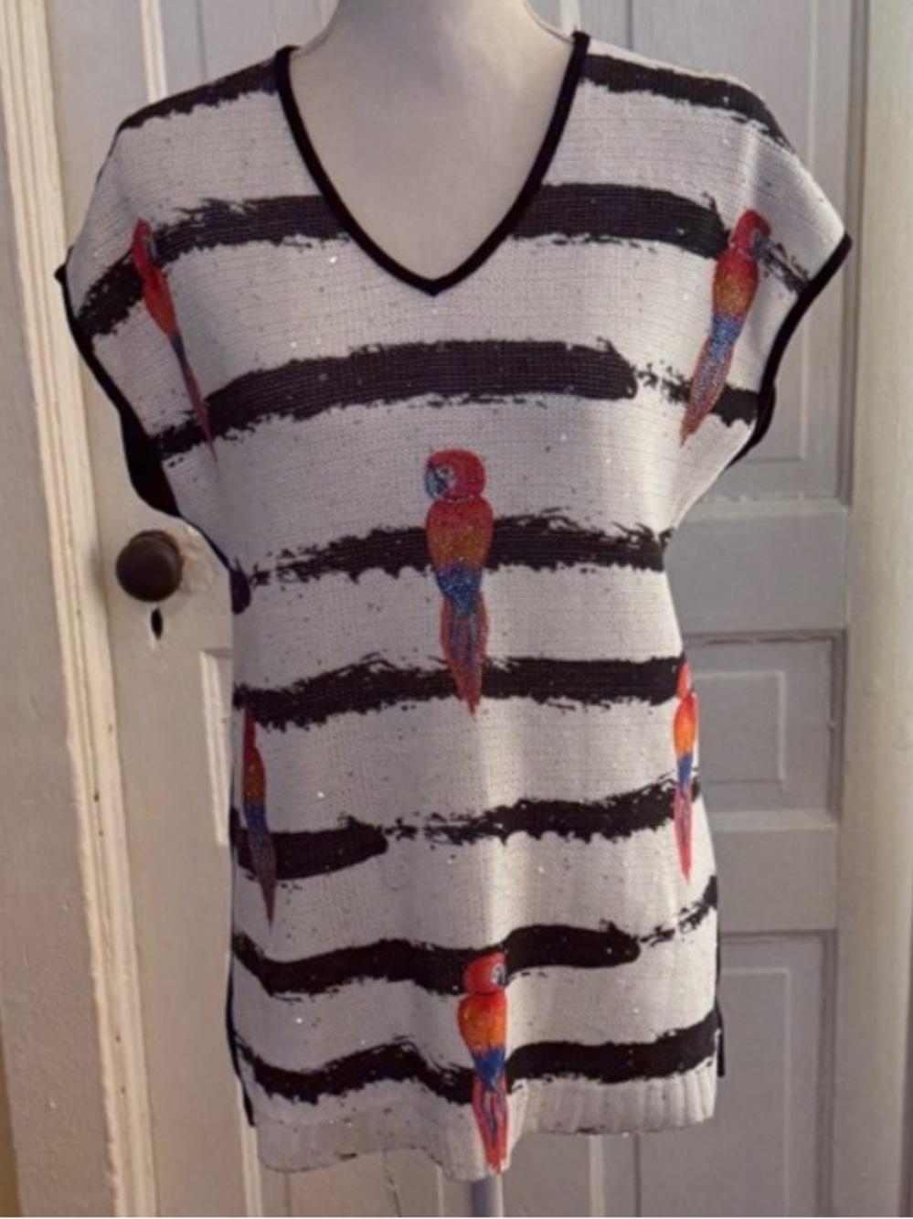 Tricotto Striped V-Neck Knit Top with Embroidered Parrot Motif
